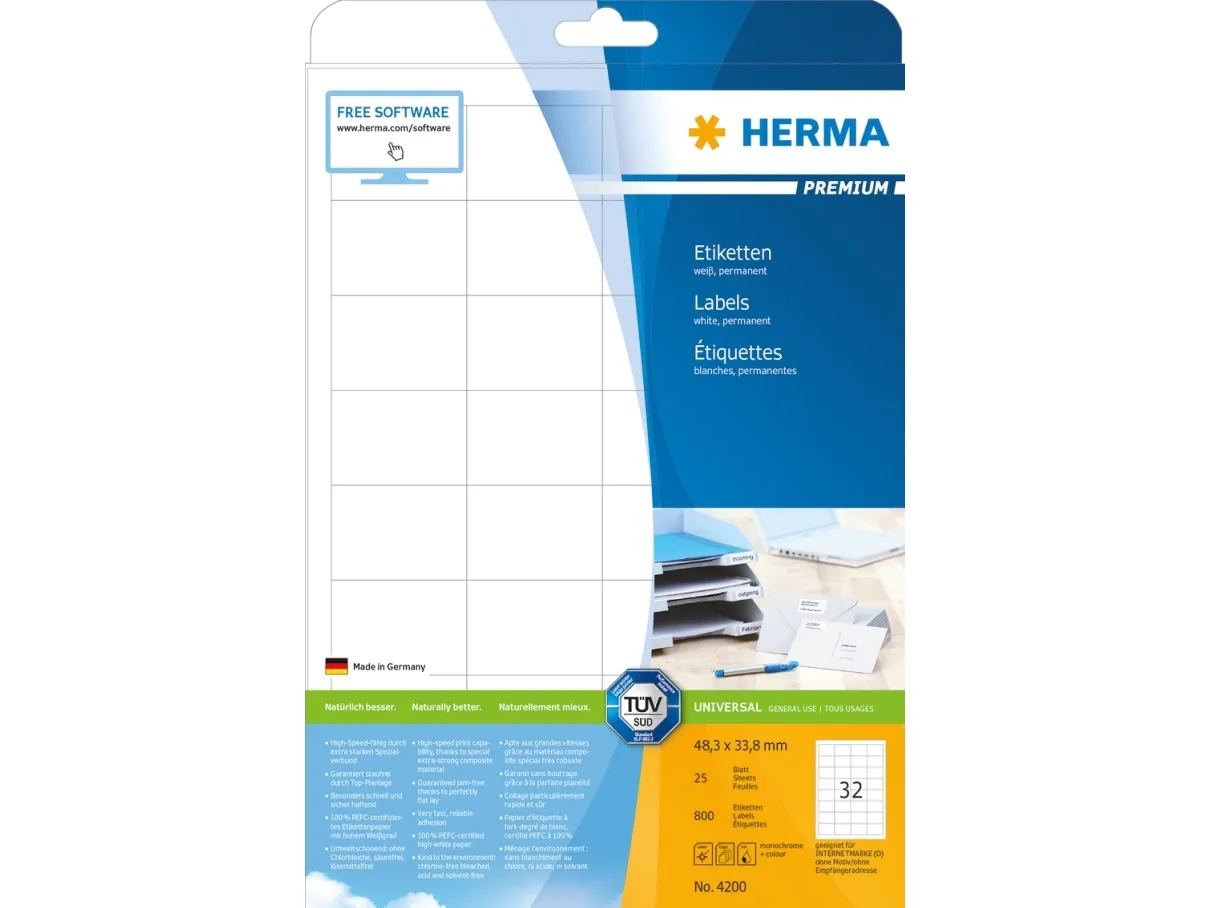 HERMA Premium - Papir - mat - permanent selvklæbende - hvid - 48.3 x 33.8 mm 800 etikette(r) (25 ark x 32) laminerede etiketter