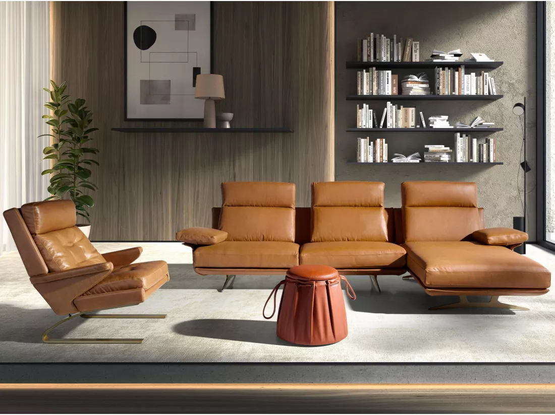 Chaise longue droite en cuir terracotta marron