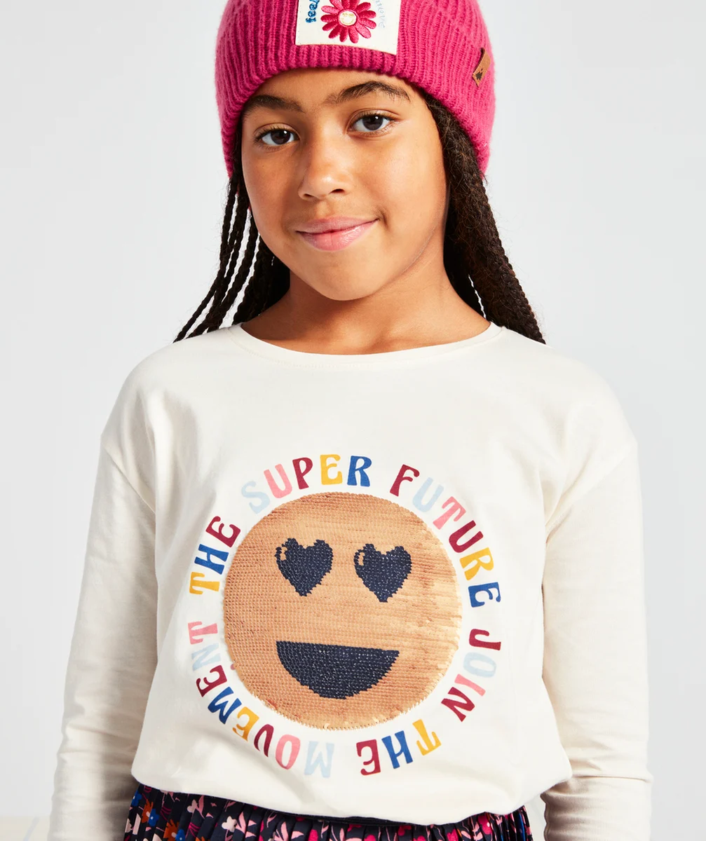 T-SHIRT FILLE EN COTON BIO AVEC SMILEY EN SEQUINS RÉVERSIBLES
