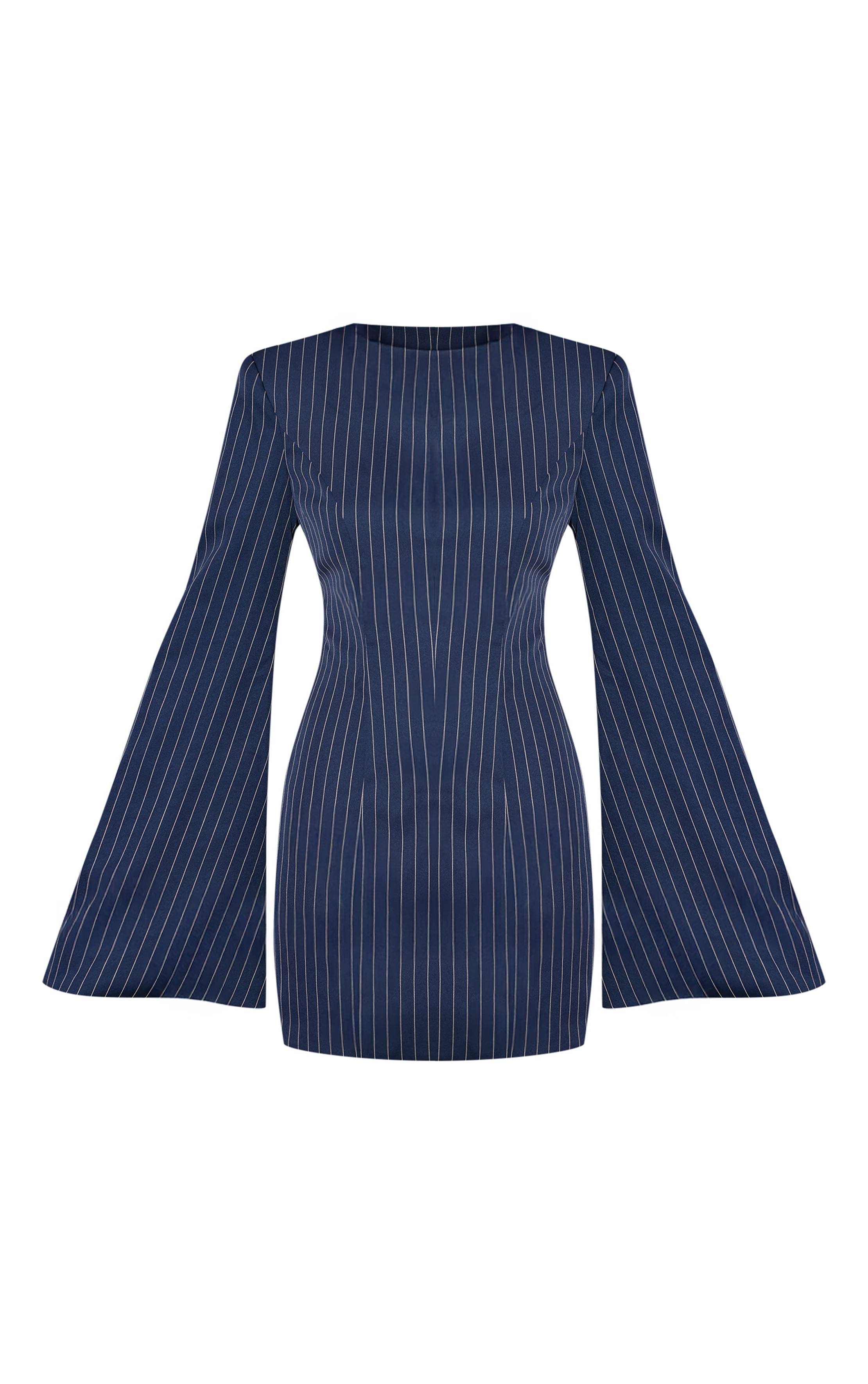 Bleu Marine Robe Courte À Manches Longues Structurée Col Bateau À Fines Rayures