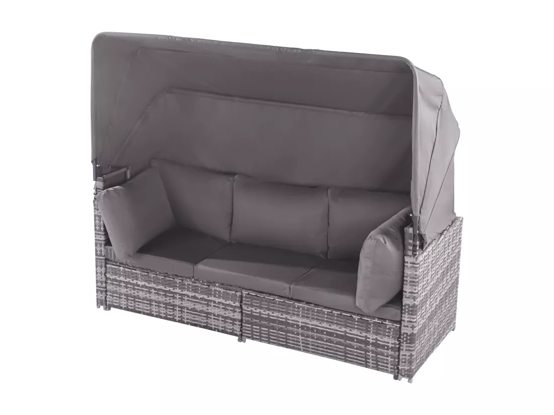 Salon de jardin en résine tressée: canapé 3 places avec toit pliable + 2 fauteuils + 1 pouf + table basse - 13 coussins assise & dossier fournis - Gris