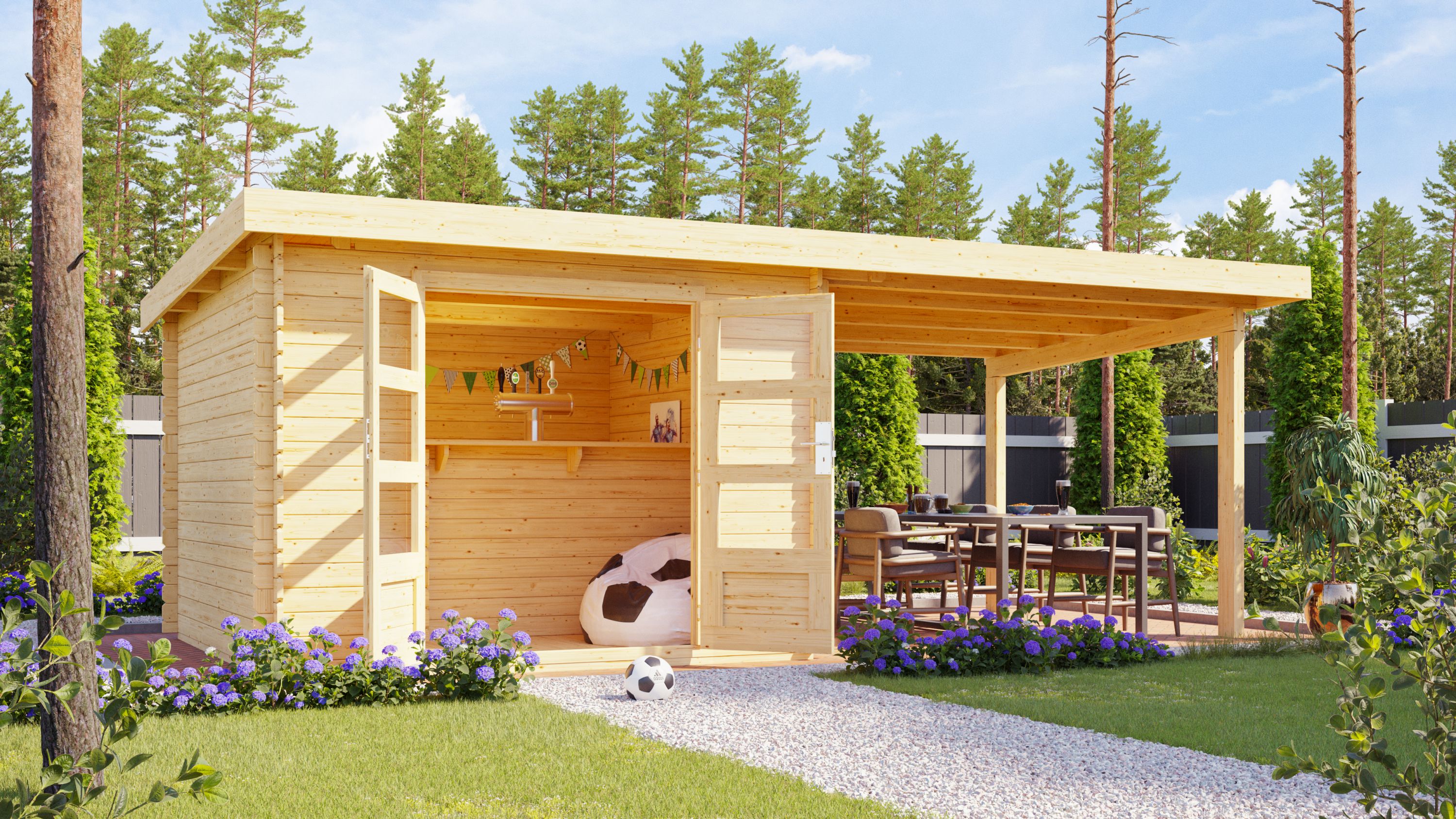 Karibu Gartenhaus San Antonio mit Anbaudach beidseitig anbringbar und Fußboden im Set naturbelassen
