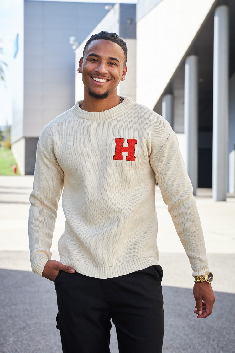 Pull beige en maille à logo 