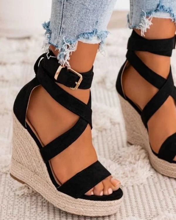 Sandale femme compensé daim noir - Elise