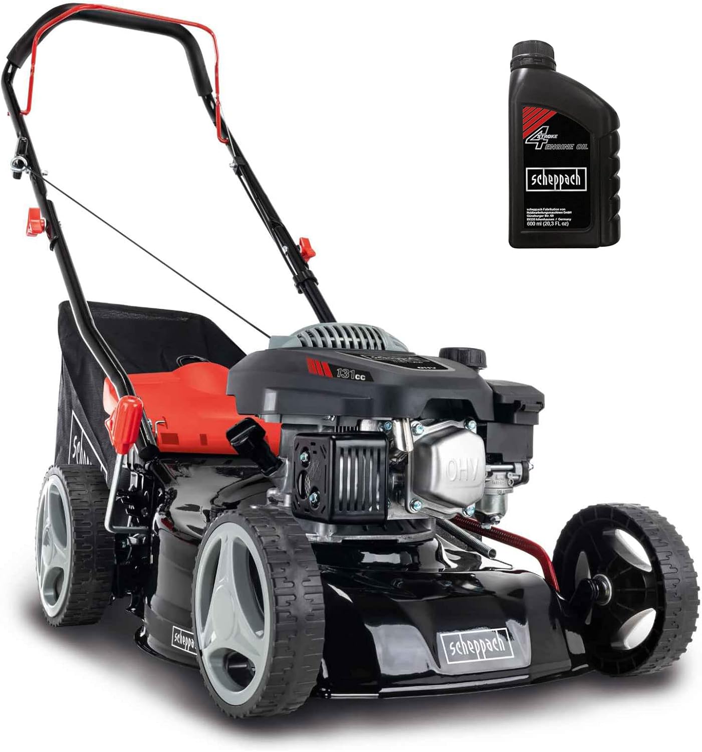 Scheppach Benzin Rasenmäher MP132-42 | Schnittbreite 42cm | 3,3 PS | Stahlgehäuse | Reinigungsfunktion | 45 Liter Fangkorb | Höhenverstellung in 7 Stufen (25-75mm) | inkl. Motoröl