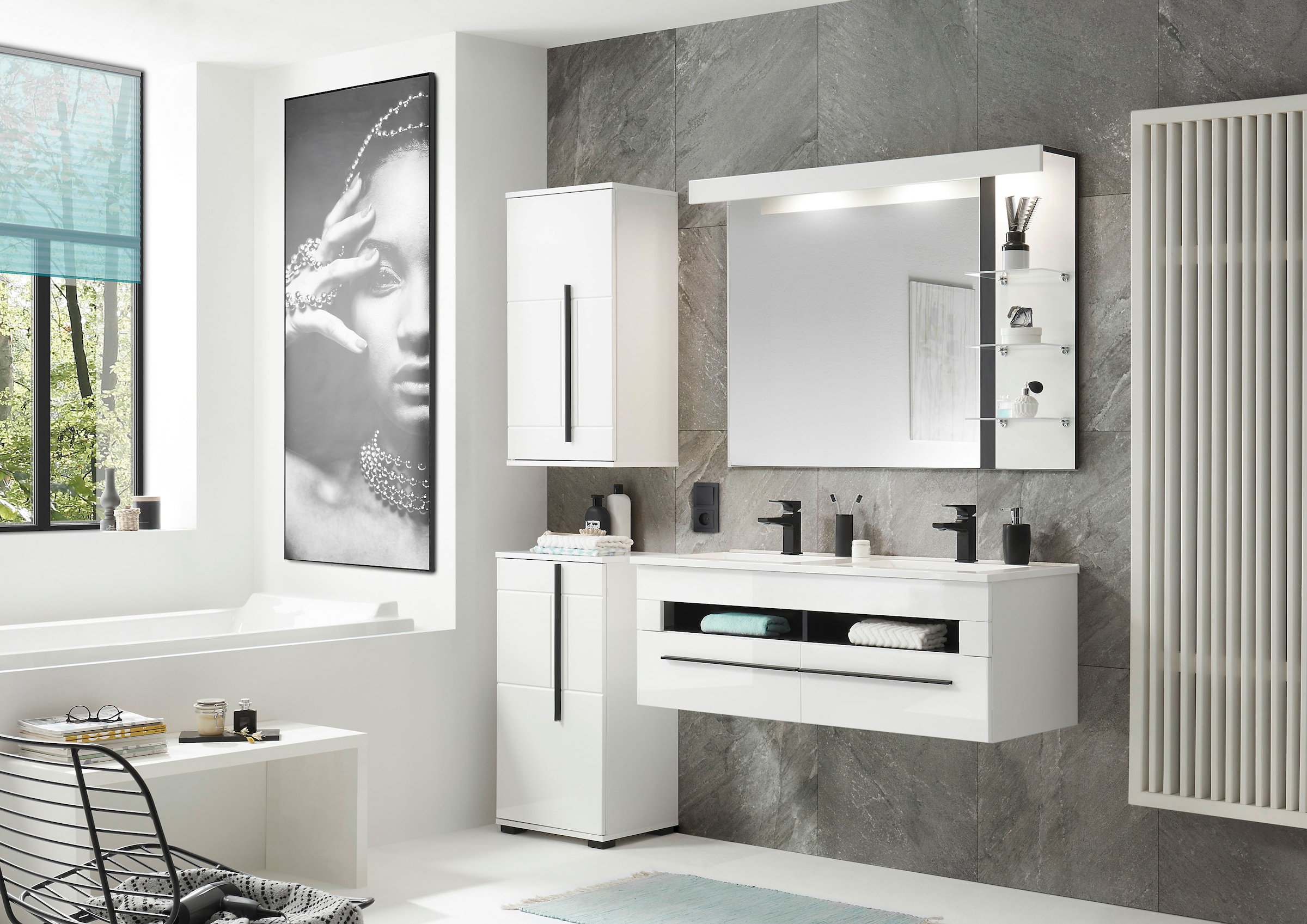 INOSIGN Unterschrank »Cantara, Badschrank in Hochglanz Weiss, Schrank im modernen Design« mit schwarzen Griffen, ausreichend Stauraum