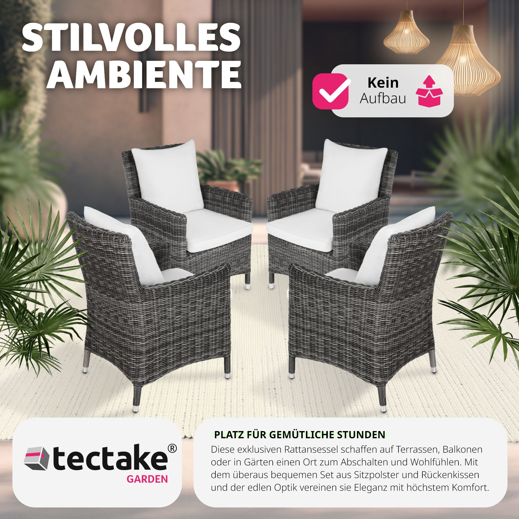 tectake® 4er Set Rattanstuhl, mit Aluminiumgestell, natürlich nachempfundenes Geflecht, 62 x 66 x 88 cm