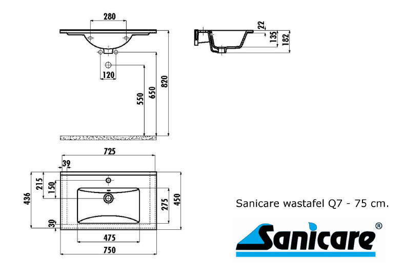 Sanicare Q7 keramische wastafel 75x45cm wit