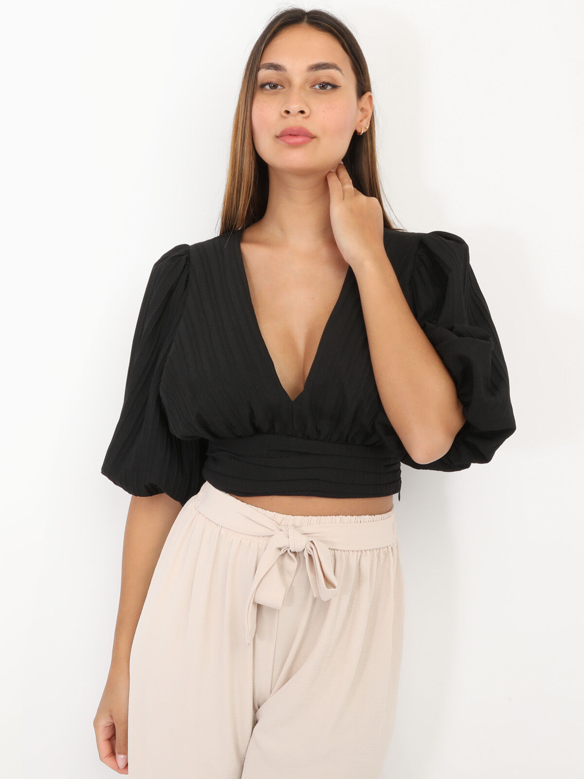 Crop Top plissé à manches ballons- Noir