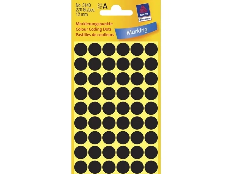 Etiket Avery Zweckform sort Ø12 mm - (5 ark x 54 stk.)