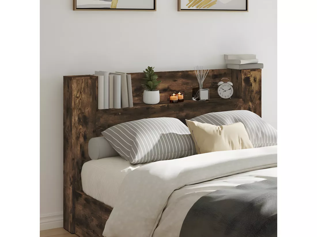 Armoire tête de lit avec LED chêne fumé 160x16,5x103,5 cm