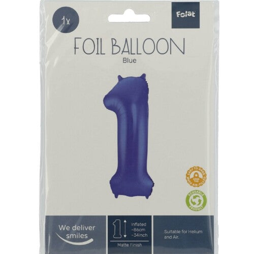 Cijferballon een - metallic matblauw - 86 cm