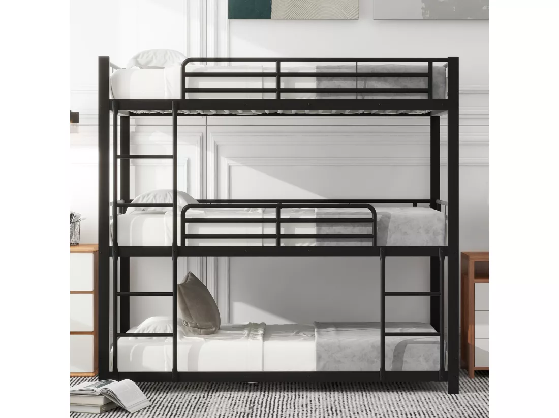 Lit superposé triple pour enfants - 90 x 200 cm - sommier à lattes inclus - métal noir