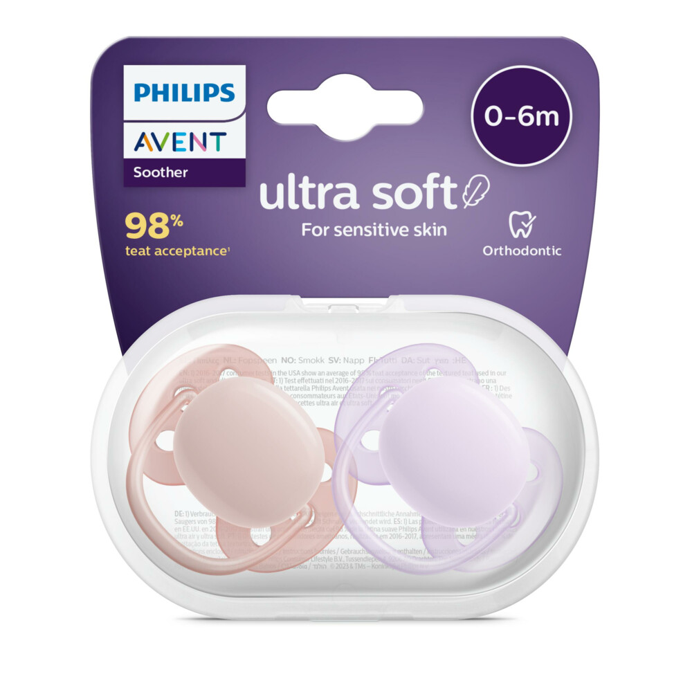 Philips Avent Fopspeen Ultra Soft 0-6 mnd Paars Roze2 stuks