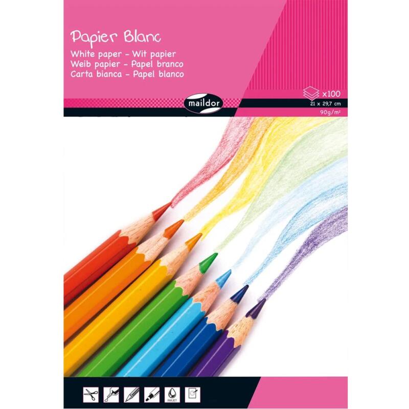 PAPIER BLANC, Bloc de 100 feuilles 90g/m2 au format 21x29,7cm - Blanc