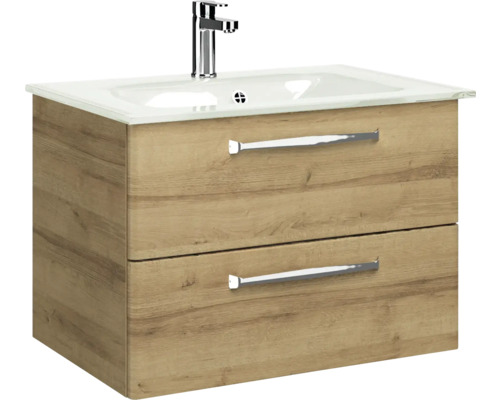 Pelipal Kumba badkamermeubelset (B x H x D): 137 x 200 x 50 cm, frontkleur: Riviera eiken, 5-delige set bestaande uit witte glazen wastafel, hoge kast, onderkast en bovenkast (artikelnr. 99.770326473)
