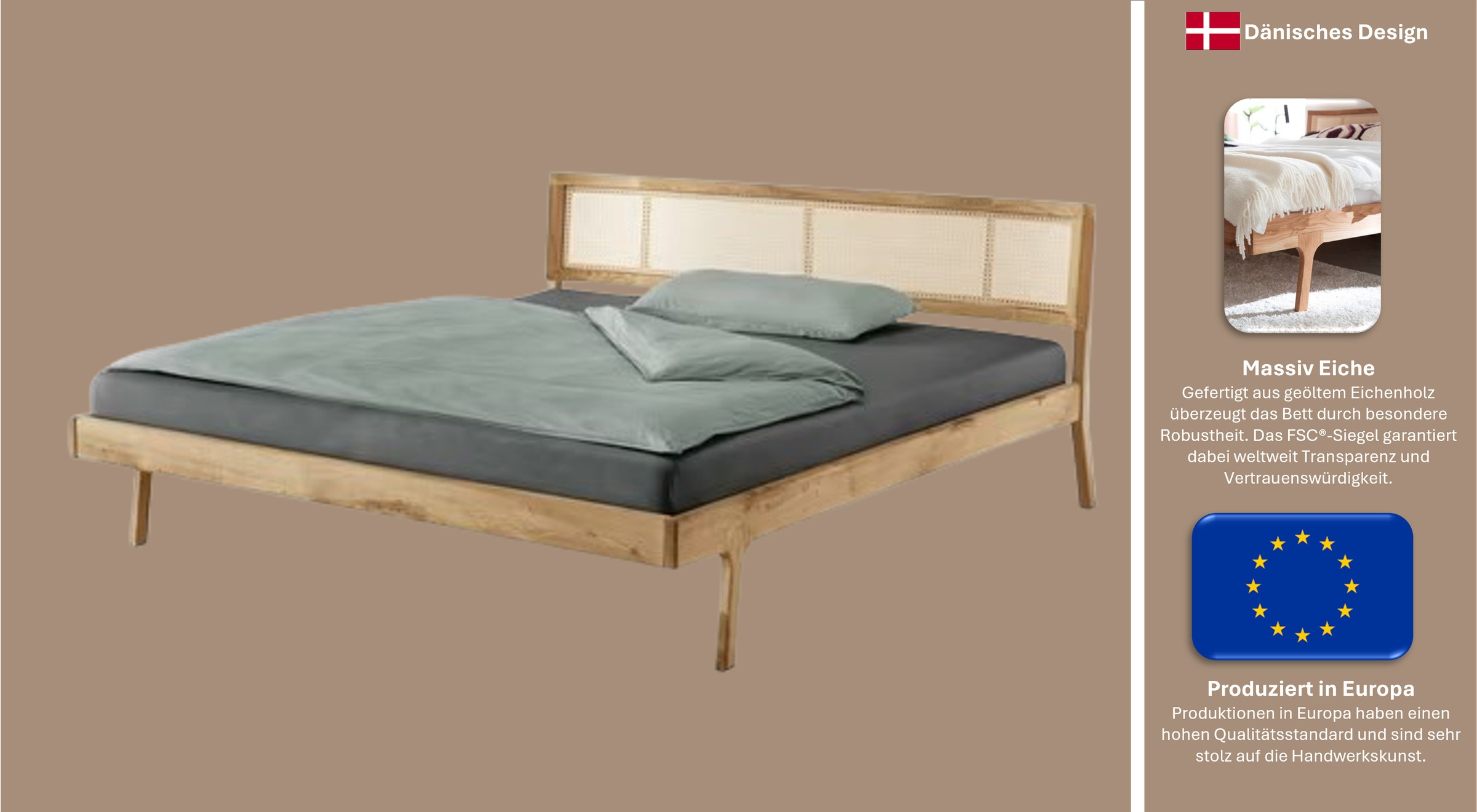 Home affaire Bett »Hällevik Doppelbett, Massivholzbett, OTTOs Choice,« Massive FSC®-zertifizierte Eiche geölt, Kopfteil mit Wiener Geflecht