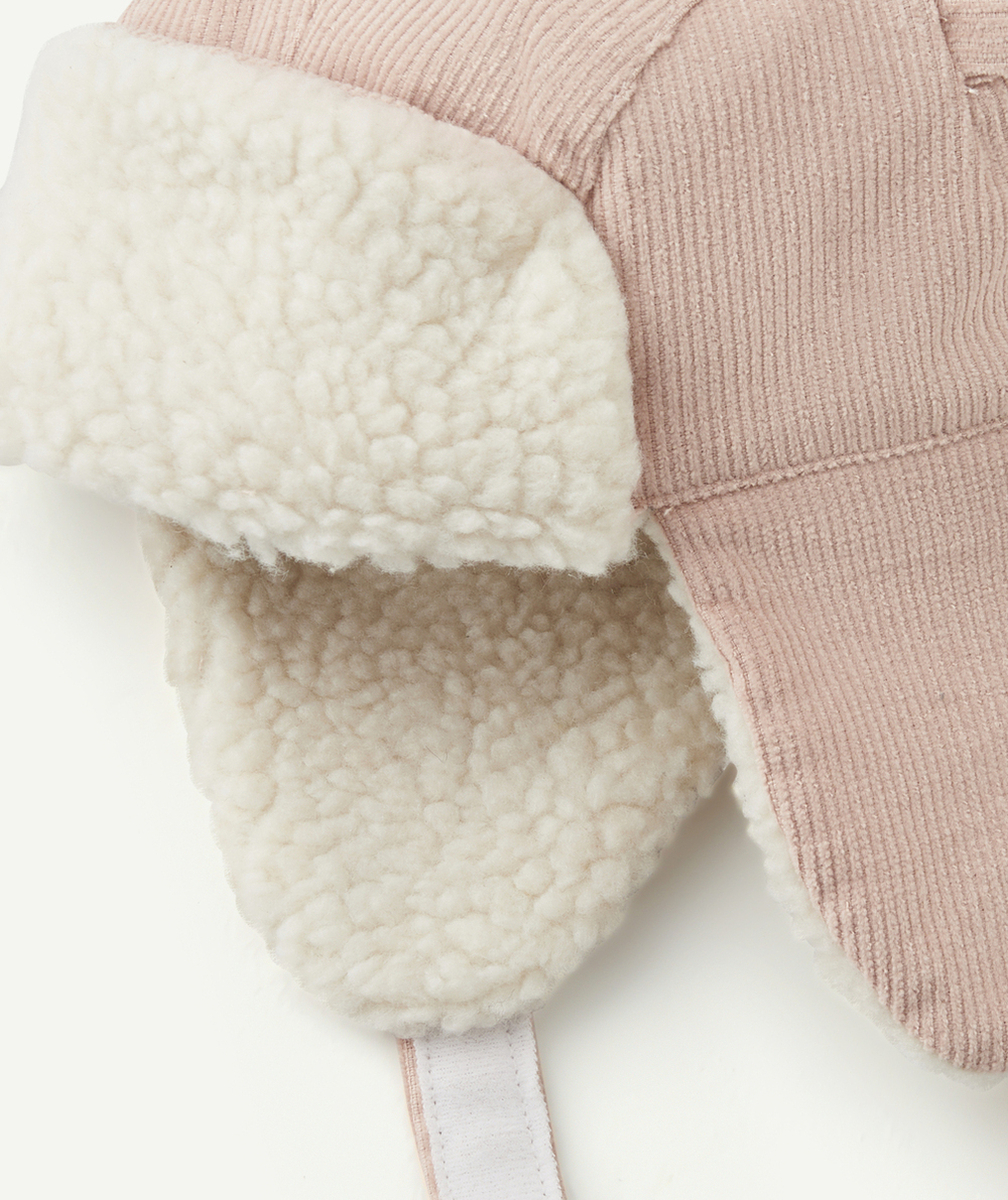 CHAPKA BÉBÉ FILLE EN VELOURS CÔTELÉ ET SHERPA ROSE ET BLANC