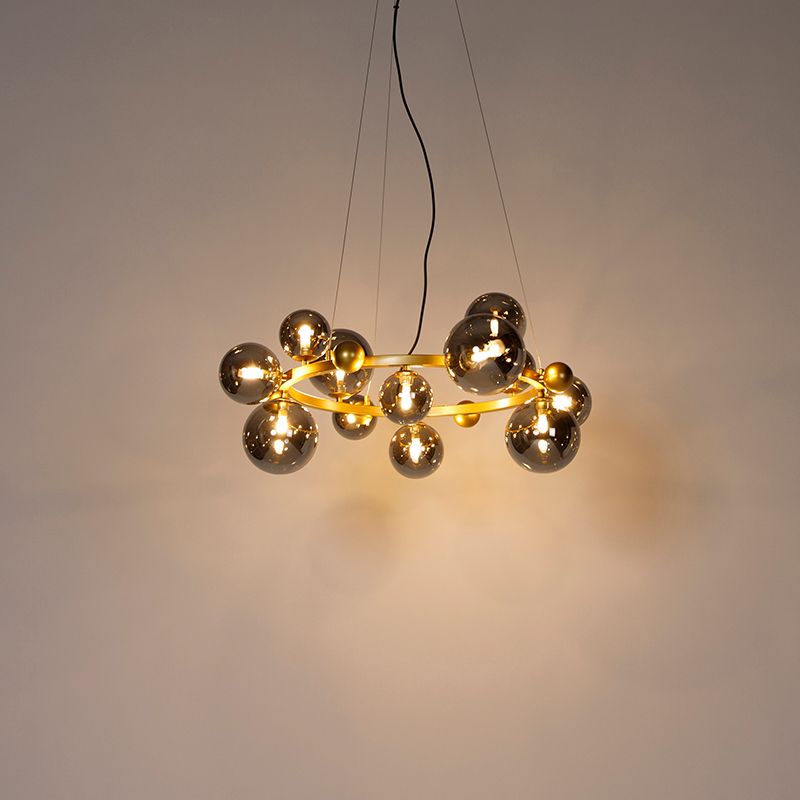 Art deco hanglamp goud met smoke glas 12-lichts - David