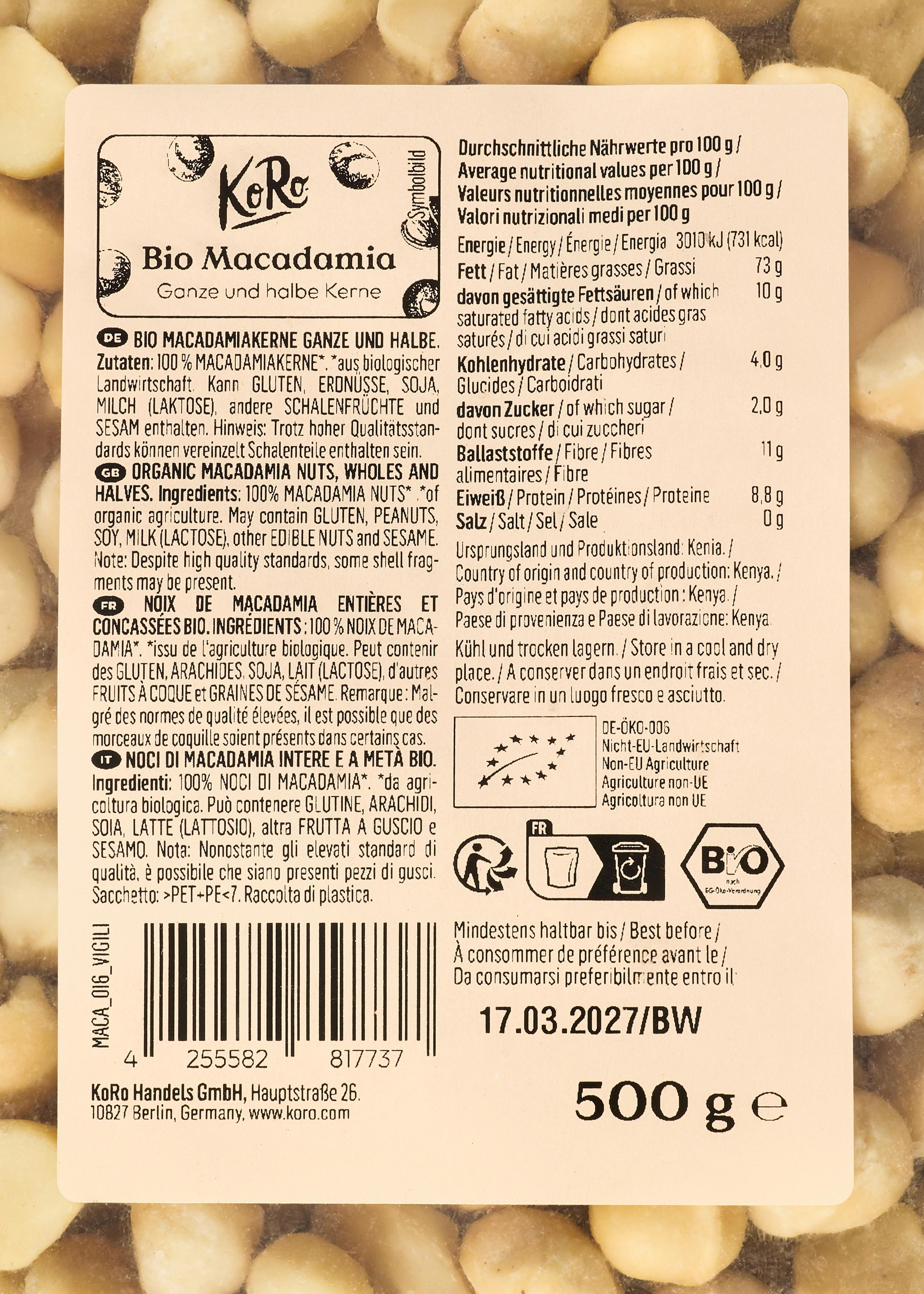 Ganze und halbe Bio Macadamiakerne 500 g