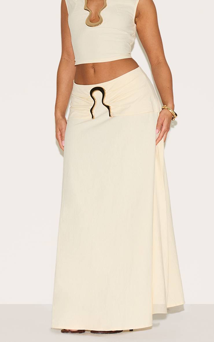 Crème Jupe Longue Shape Aspect Lin Taille Pliée Bordure Ondulée Dorée