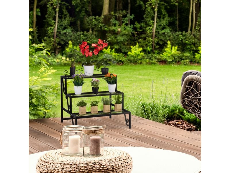 relaxdays Blumentreppe 69 cm, Schwarz Pflanzentreppe