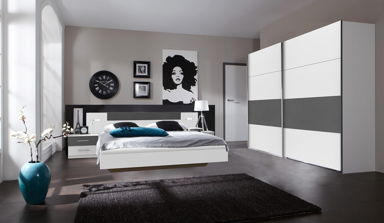 möbelando Komplettschlafzimmer >Angie< in Weiss + Graphit - 519x208x210cm (BxHxT)