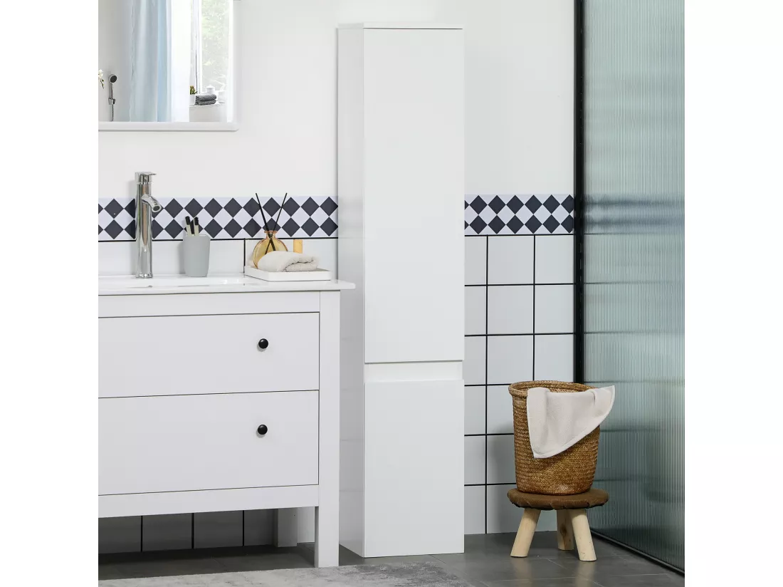 Meuble colonne rangement salle de bain 2 placards 3 étagères style contemporain blanc