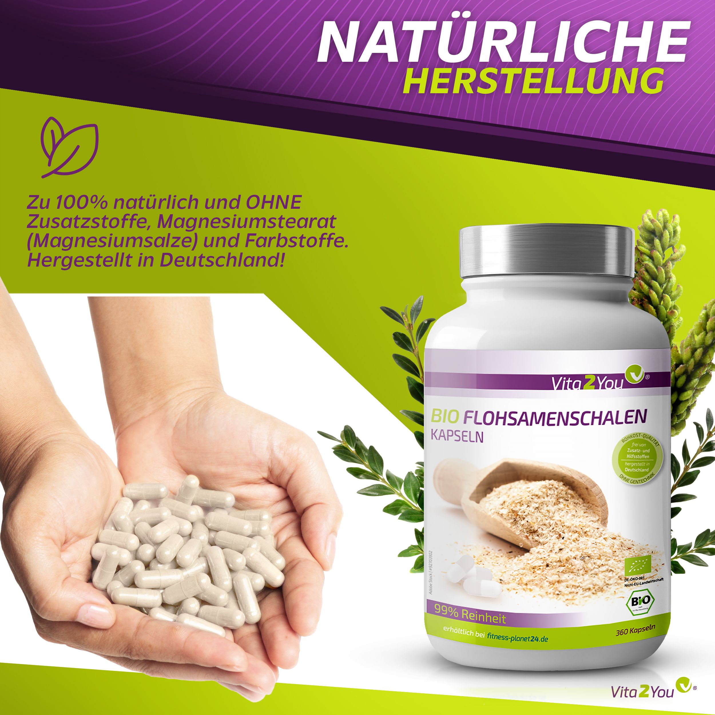 Vita2You Bio Flohsamenschalen Kapseln 750mg - Hochdosiert