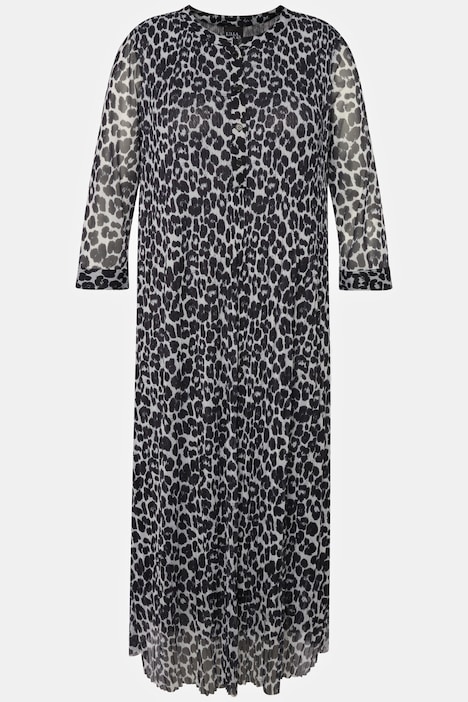 Mesh-Maxikleid, Leomuster, doppellagig, Rundhals, Langarm