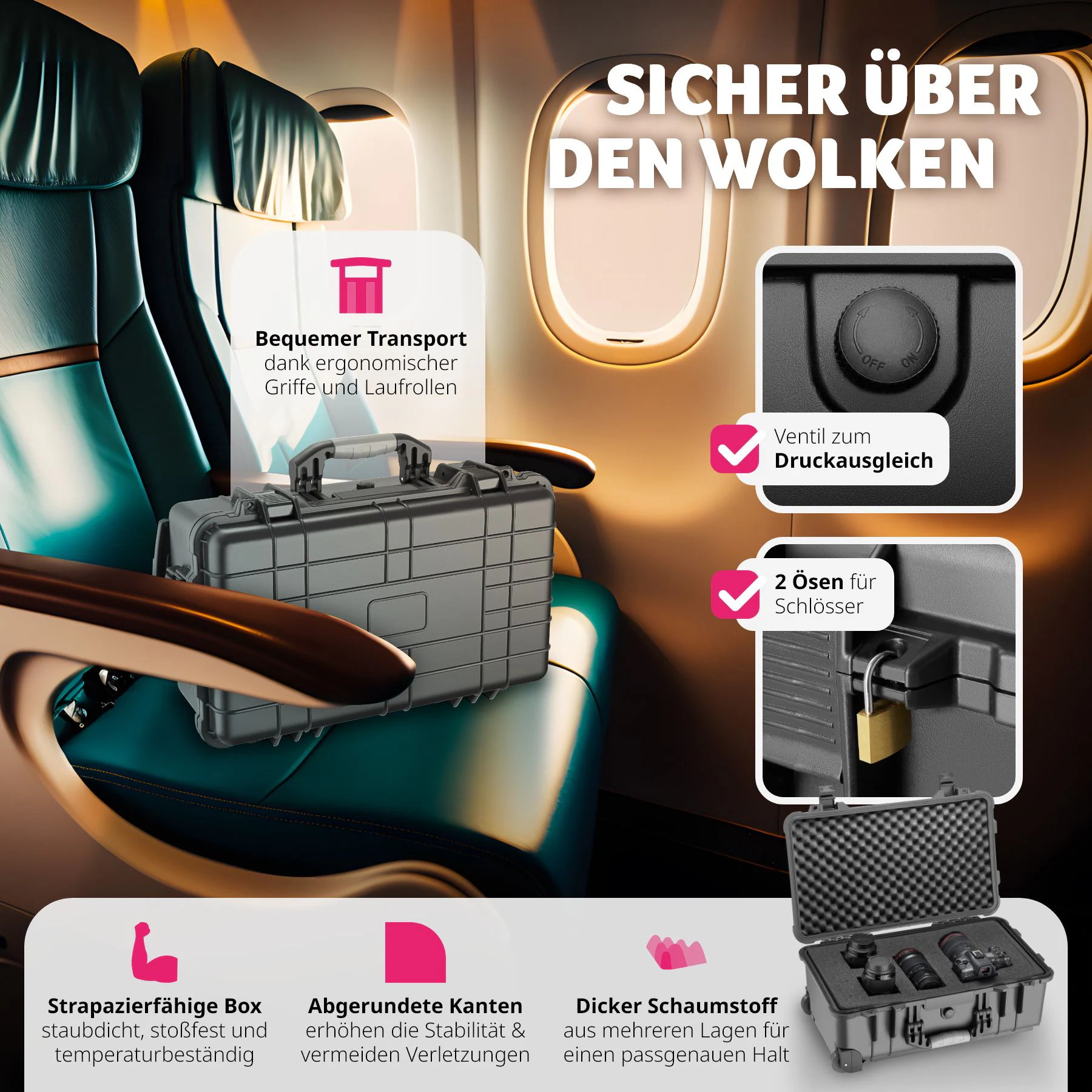 tectake® Transportkoffer, aus robuster Hartschale mit 3 dicken Schaumstoffeinlagen, in verschiedenen Größen erhältlich, wasserdicht und temperaturbeständig, 34,5 x 23 x 56 cm