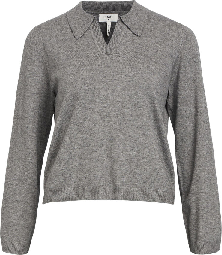 Object OBJTHESS L/S V-NECK KNIT POLO NOOS Medium grey melange