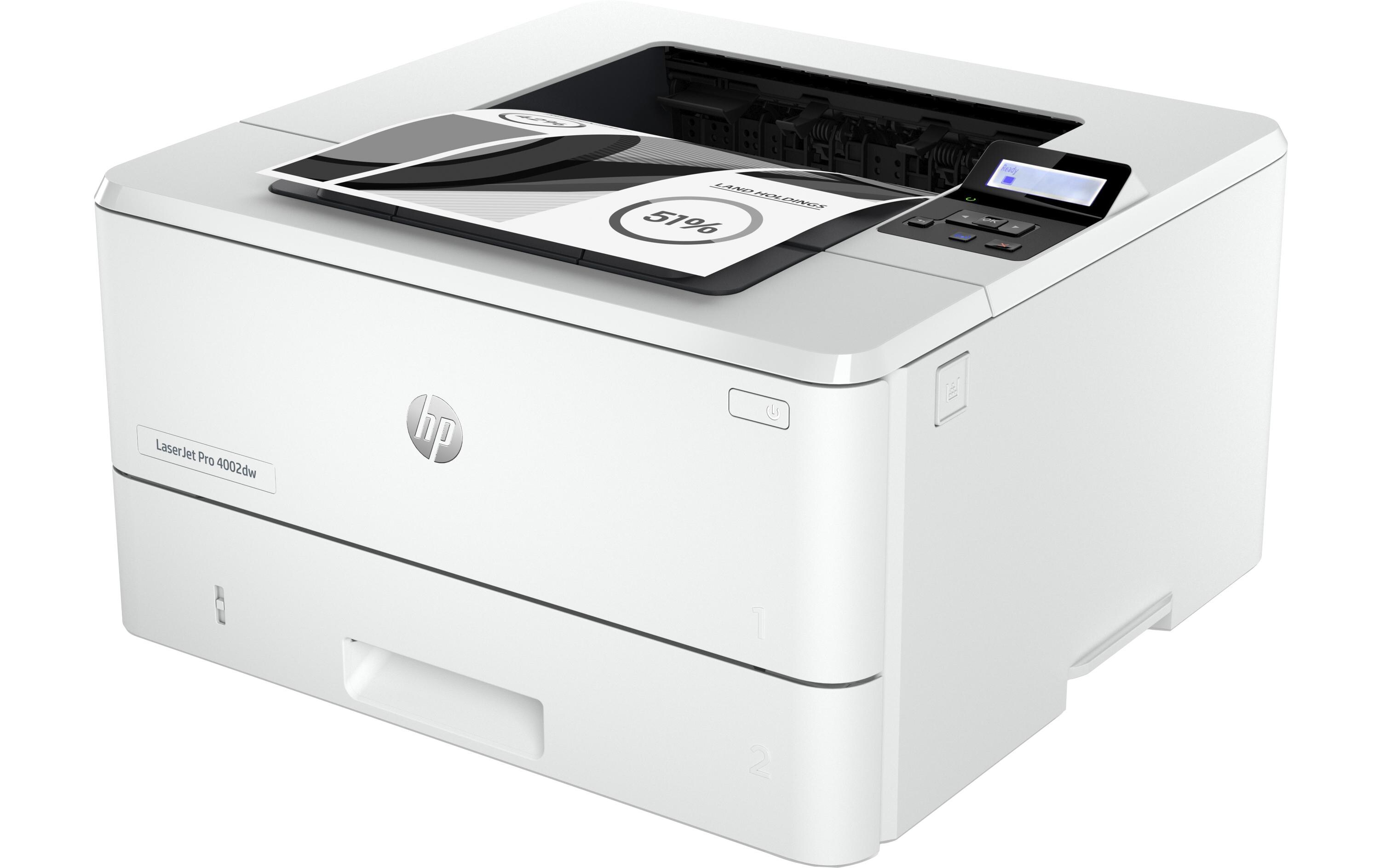 Drucker LaserJet Pro 4002dw<br>Laserdrucker mit schneller Aufwärmphase, zwei Papierfächern (Mehrzweckfach + Standardpapierfach) und Netzwerkanschluss