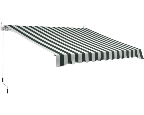 Knikarmscherm 3x2,5, gestreept doek groen/wit, frame RAL 9003 signaalwit