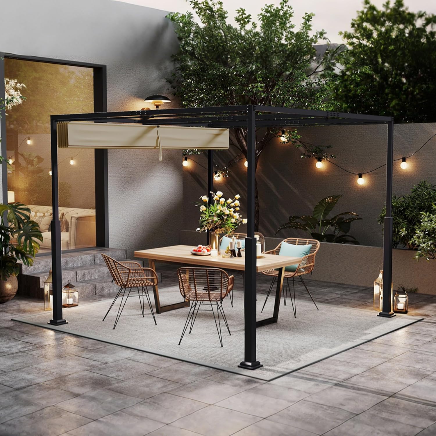 3x3m Outdoor Pergola Stabile Metallrahmen Gartenpavillon mit Wind- & Sonnenschutz Schiebedach, Freistehend Überdachung Einziehbare Markise für Garten Terrasse & Balkon (Beige)