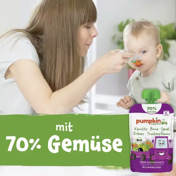 Bio Quetschie mit Karotte, Birne, Spinat, Erbsen & Trockenpflaume