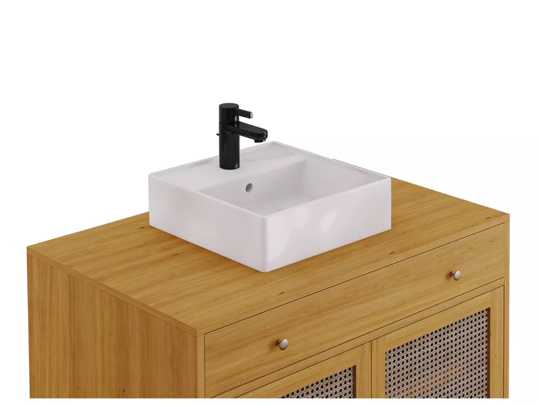 Meuble de salle de bain en teck clair et cannage avec vasque en céramique - 90 cm - MANSULAN