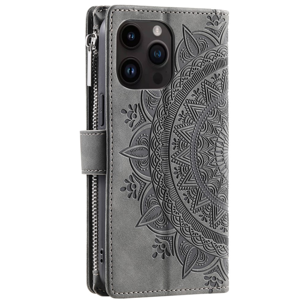 iPhone 16 Pro Max Leder Tasche Flip Cover mit Reissverschluss - Mandala Flowers Imprint - Grau