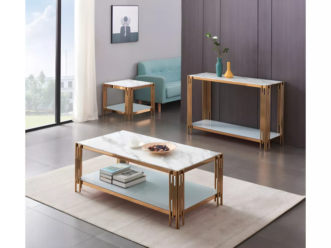 Console FLUTE Gold plateau Marbre Blanc 120x40x78 cm