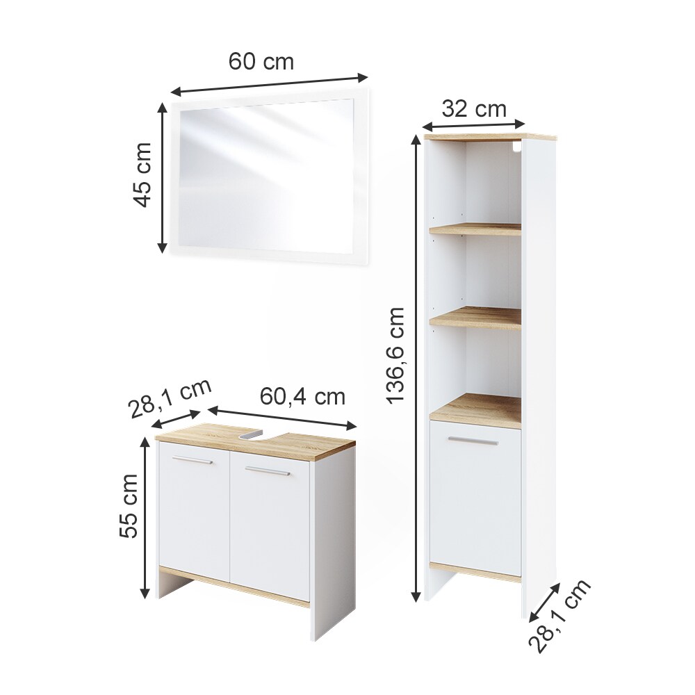 Vicco Badmöbelset Waschtischunterschrank Badspiegel Hochschrank Elvio Weiß Sonoma Badmöbel