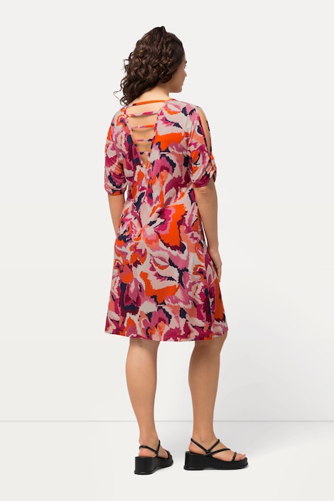 Strandkleid, Stickblumen, A-Linie, V-Ausschnitt, Halbarm