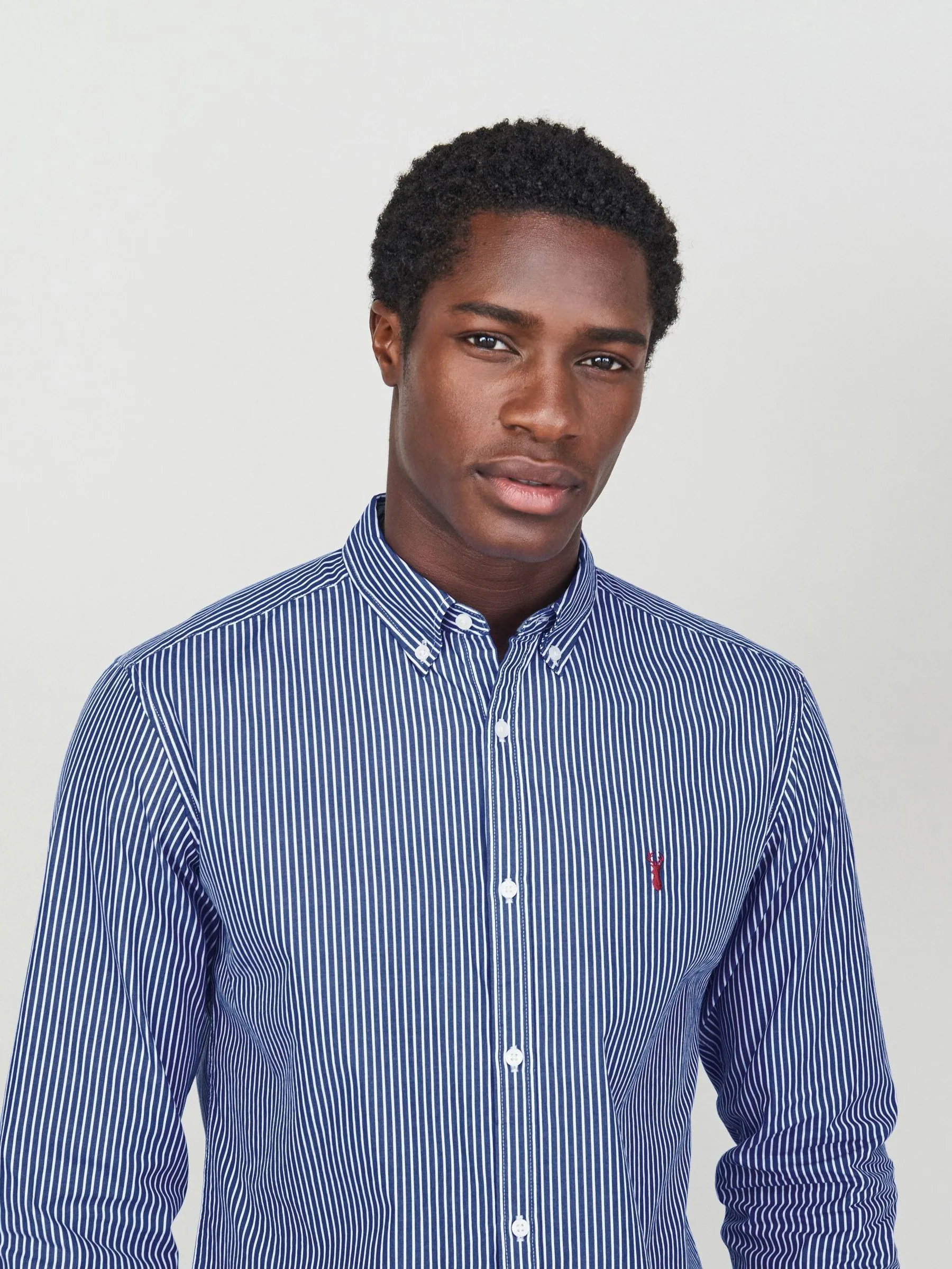 Marineblauw/wit - 100% katoenen poplin overhemd met lange mouwen met strepen