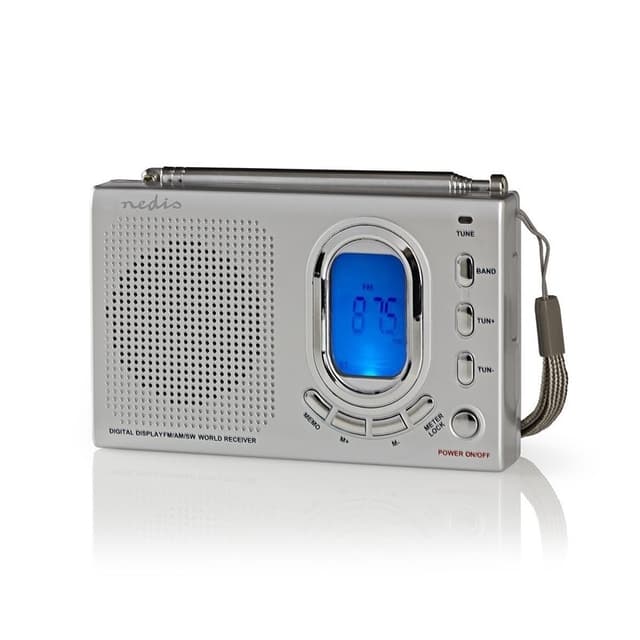 Nedis Verdensmodtager Radio | Bærbart design | AM / FM / SW | Batteri / Strømforsyning | Digital | 1.5 W | Hovedtelefonudgang | Vækkeur | Sleep timer | Grå