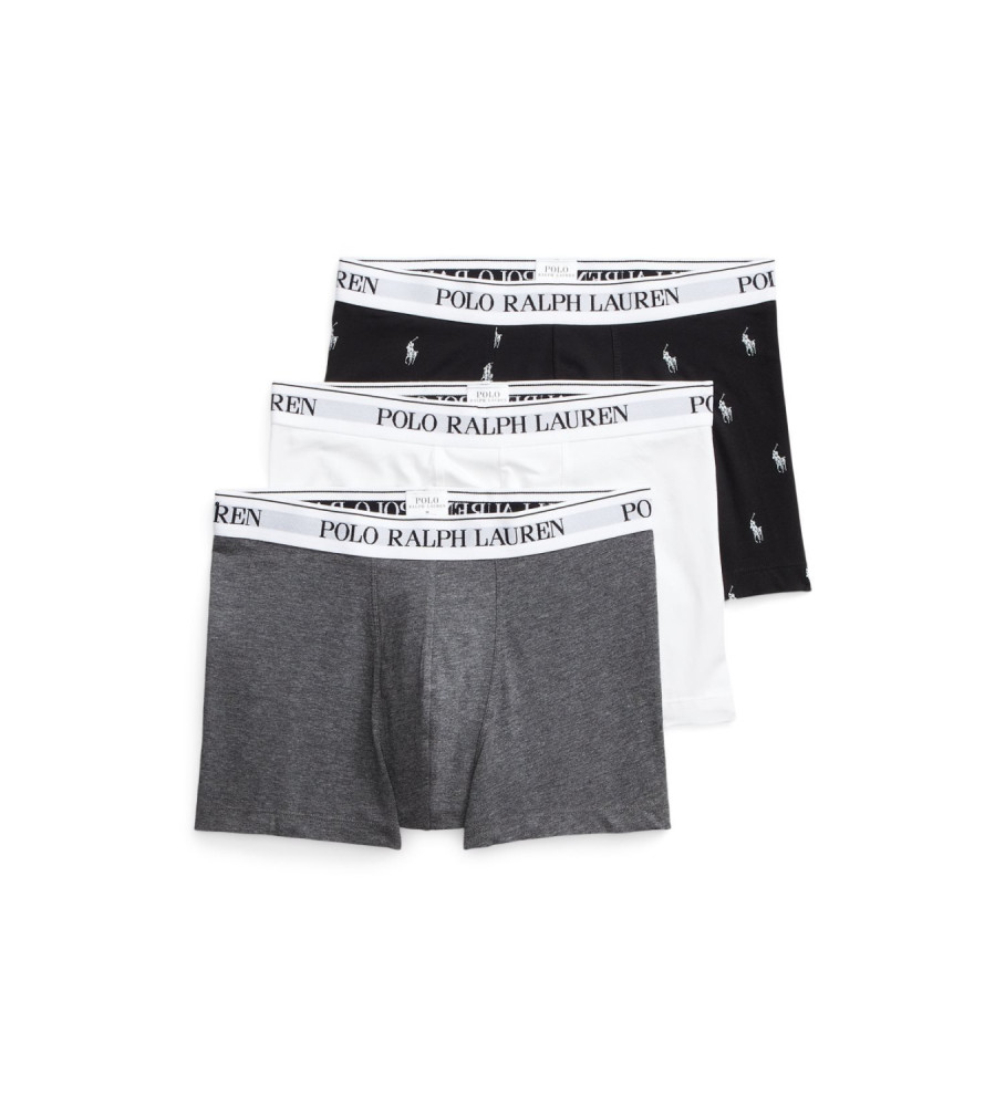 Conjunto com 3 cuecas boxer clássicas Ralph Lauren - pretas, cinzas e brancas.