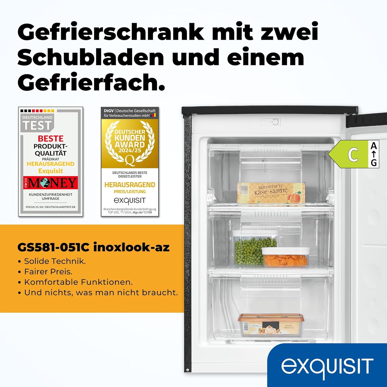 Exquisit Gefrierschrank | 85 l Nutzinhalt, Energieklasse C, 39 dB(A) | kompakte Bauform, 4-Sterne-Gefrieren, manuelle Temperaturregelung, wechselbarer Türanschlag | GS581-051C inoxlook-az