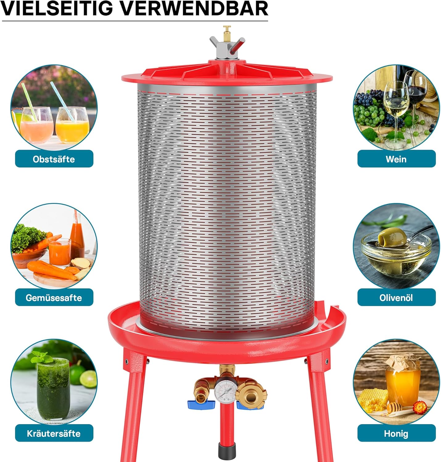 Wiltec Edelstahl Hydropresse mit 40 Liter Korbinhalt, Wasserdruckpresse mit 3 bar zum Pressen von Obst