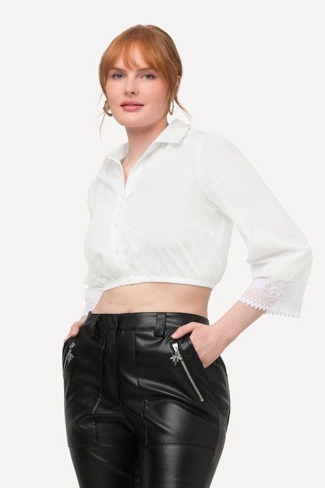 Dirndlbluse, Hemdkragen, Elastiksaum, Spitze, 3/4-Arm