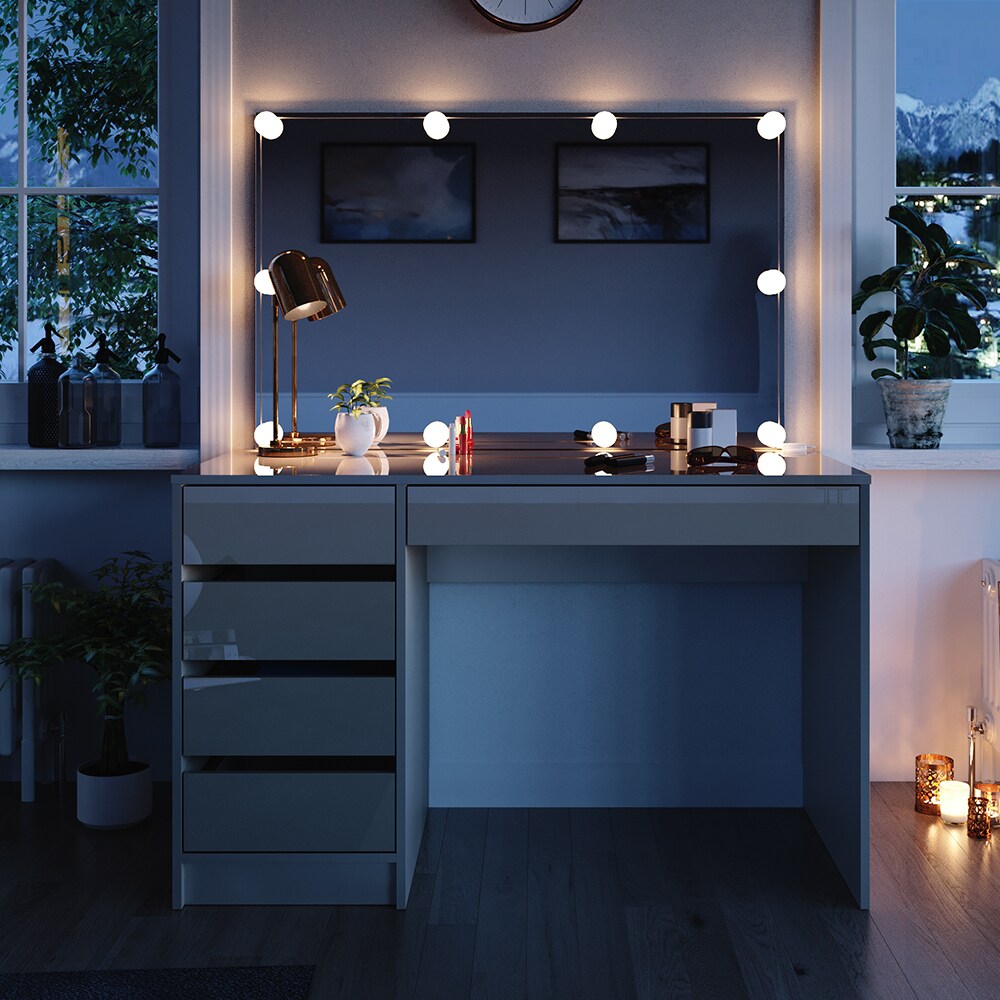 Vicco Schminktisch Sherry Greige Hochglanz 120 x 75 cm 5 Schubladen Spiegel LED