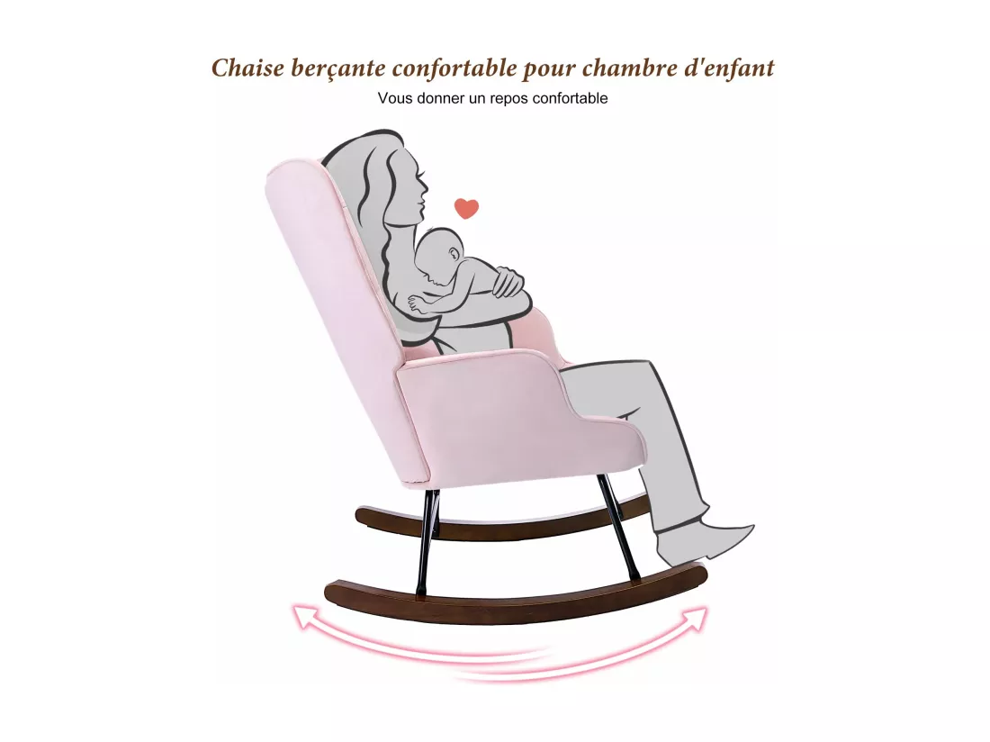 Fauteuil à Bascule Rembourré en Velours Moderne pour Salon, Chaise à Bascule à Dossier Haut avec Pieds en Bois, Rose