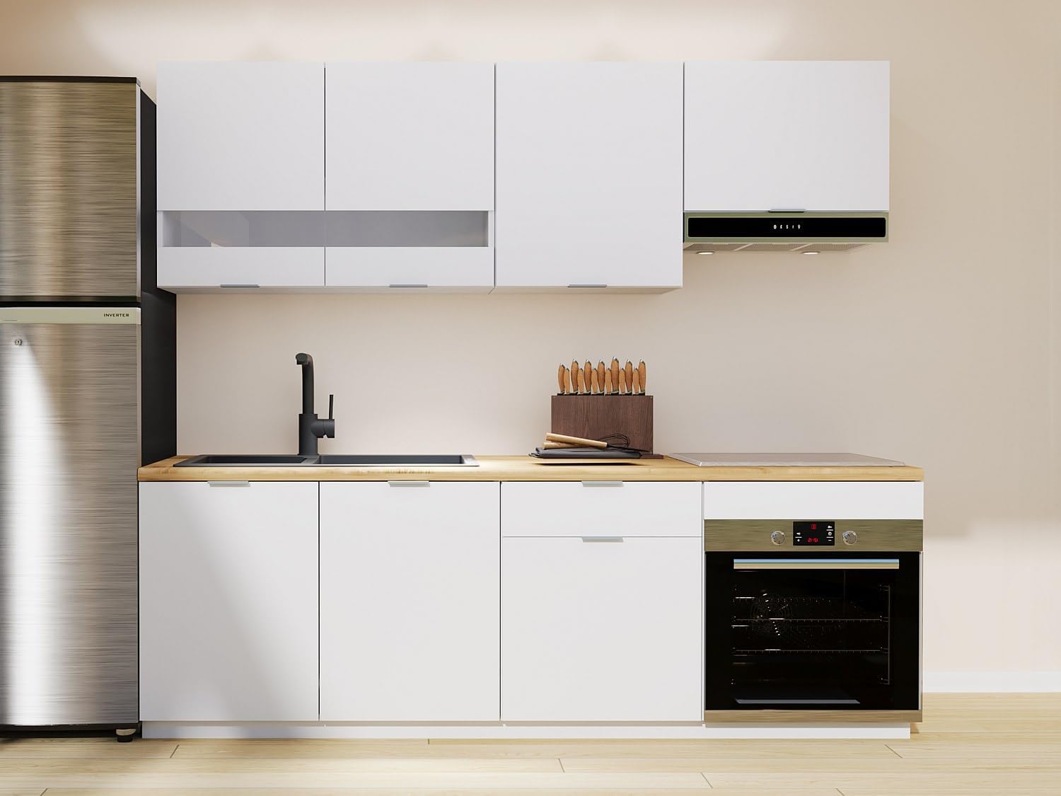 Vente-unique-Küchenzeile - Mit Arbeitsplatte 200 cm - Weiß & Holzfarben - CARMEO